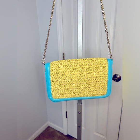 Talbots Aqua Leather and Straw Clutch Crossbody Bag Gold Chain - Picture 8 of 10